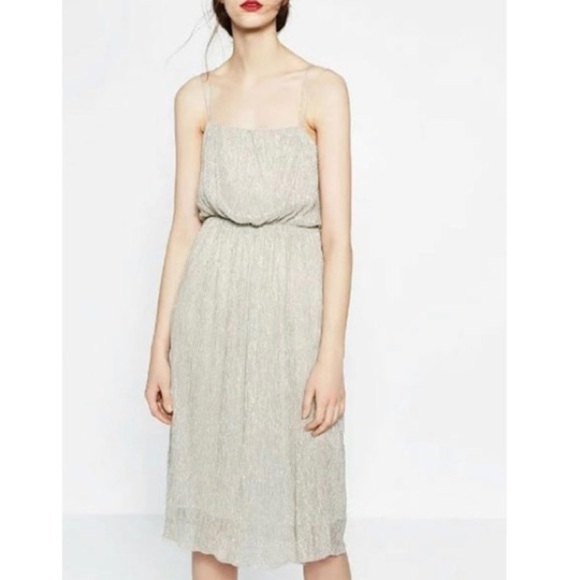 Zara Dresses & Skirts - Zara Silver Shiny Lurex Strappy Midi Dress Womens size XS
